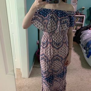 Pink and blue strapless maxi dress
